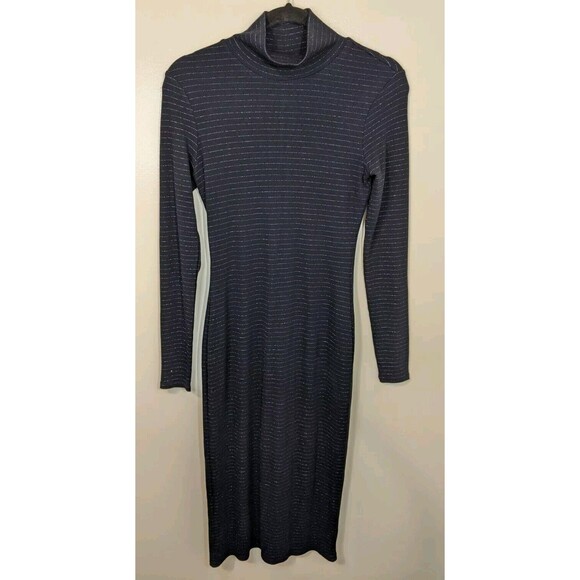Marine Layer Midi Dress Lexi Rib Turtleneck in Navy Lurex Stripe Tencel Small - Picture 12 of 13